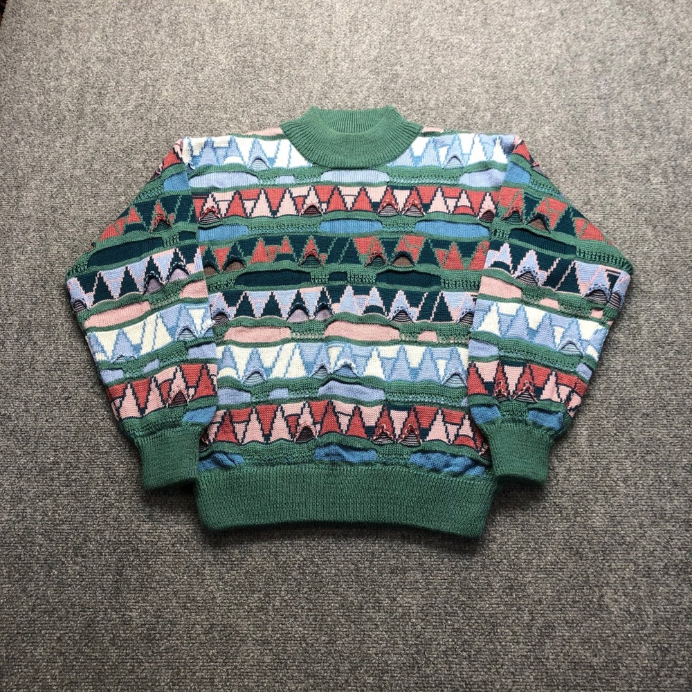 Lord Isaacs Vintage 3D Textured Knit Sweater Green Multi Geometric Wool Blend S